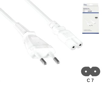 Cavo di alimentazione spina Euro tipo C a C7, 0,75 mm², spina Euro/IEC 60320-C7, VDE, bianco, scatola DINIC con foro Euro, lunghezza 2,00m